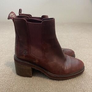 Timberland Chelsea Boots Womens Size 6.5 Brown Leather Ankle Block Heel A23KA